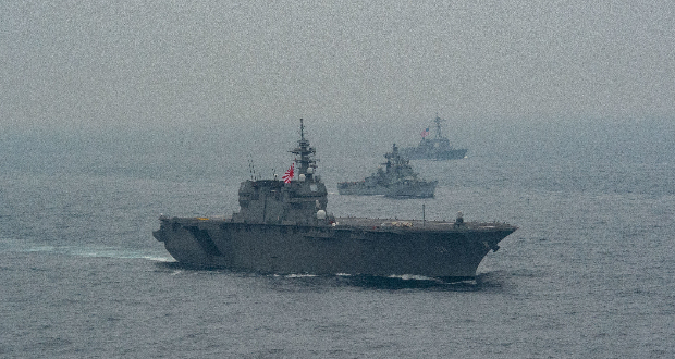 Japan Maritime Self-Defense Force (JMSDF) Izumo-class helicopter destroyer JS Kaga (DDH 184), Indian Navy Rajput-class destroyer INS Ranvijay (D 55) and Arleigh Burke-class guided-missile destroyer USS Stockdale (DDG 106) transit the Bay of Bengal as part of MALABAR 2021, Oct. 12, 2021. US Navy Photo
