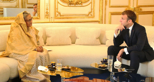 Prime Minister Sheikh Hasina at a meeting with French President Emmanuel Macron at the Elysee Palace in Paris on Tuesday, November 8, 2021 PMO