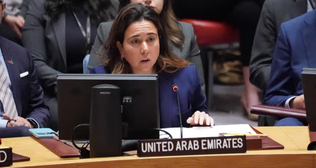 The UAE ambassador the UN, Lana Zaki Nusseibeh, speaks at a security council meeting. Photograph: Bryan R Smith/AFP/Getty Images