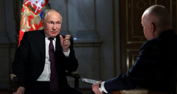 Vladimir Putin speaks during an interview in Moscow, March 12, 2024. Sputnik/Gavriil Grigorov/Pool via REUTERS