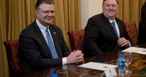 U.S. Secretary of State Mike Pompeo and U.S. Ambassador to Vietnam Daniel Kritenbrink attend a meeting with Vietnamese Foreign Minister Pham Binh Minh at the Ministry of Foreign Affairs in Hanoi, Vietnam, February 26, 2019. Andrew Harnik/Pool via REUTERS