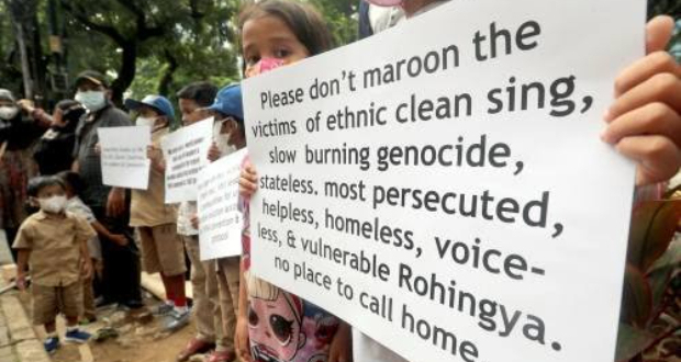 Rohingya refugees protest before the UNHCR office in Jakarta this month against the Myanmar military’s crackdown © BAGUS INDAHONO/EPA-EFE/Shutterstock