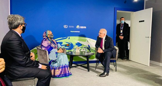 Australian Prime Minister Scott Morrison holding a bilateral meeting with his Bangladeshi counterpart Sheikh Hasina at the sideline of COP26. Photo/PID