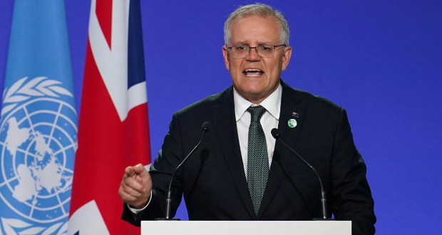 Australia's Prime Minister Scott Morrison speaks as National Statements are delivered as a part of the World Leaders' Summit at the UN Climate Change Conference (COP26) in Glasgow, Scotland, Britain November 1, 2021. Ian Forsyth/Pool via REUTERS