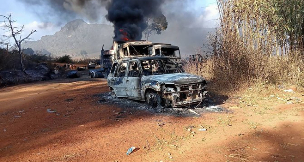 This image from the Karenni Nationalities Defense Force shows burnt vehicles in Hpruso township in Myanmar's Kayah state. (AFP)