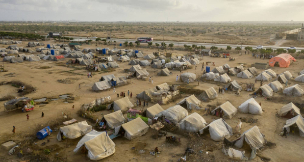 A refugee camp outside Karachi in May. 'The already difficult living conditions of people affected by the 2022 flooding in Pakistan have been further exacerbated by the rain, making them even more vulnerable to future flooding,' the U.N. noted in a recent report. | BLOOMBERG