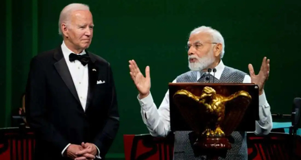US President Joe Biden looks on as Indian Prime Minister Narendra Modi speaks during an official state dinner at the White House in Washington, DC, on June 22. (Photo: AFP)