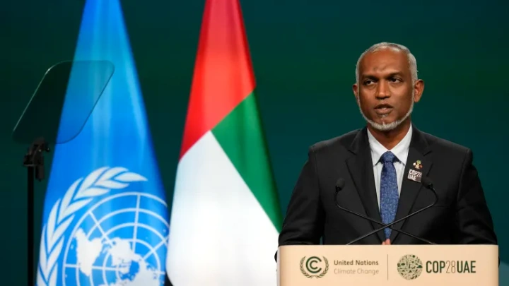 Maldives President Mohamed Muizzu speaks during a plenary session at the COP28 United Nations Climate Summit [Rafiq Maqbool/AP]