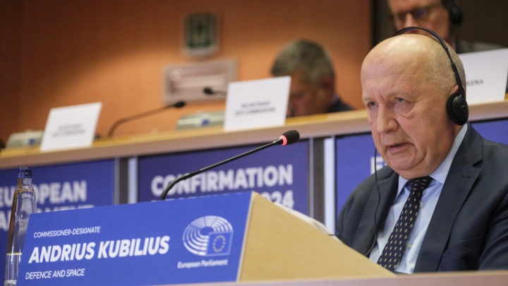 Commissioner-designate for Defense and Space Andrius Kubilius at a hearing in the EU Parliament, Brussels, Belgium, November 6, 2024. © Getty Images / Thierry Monasse