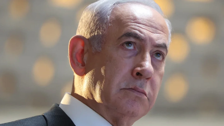 Israeli Prime Minister Benjamin Netanyahu at a commemoration ceremony for soldiers killed during the 2014 Gaza war, at the Memorial Hall on Mount Herzl in Jerusalem on July 16, 2024. Abir Sultan/Pool/AFP/Getty Images