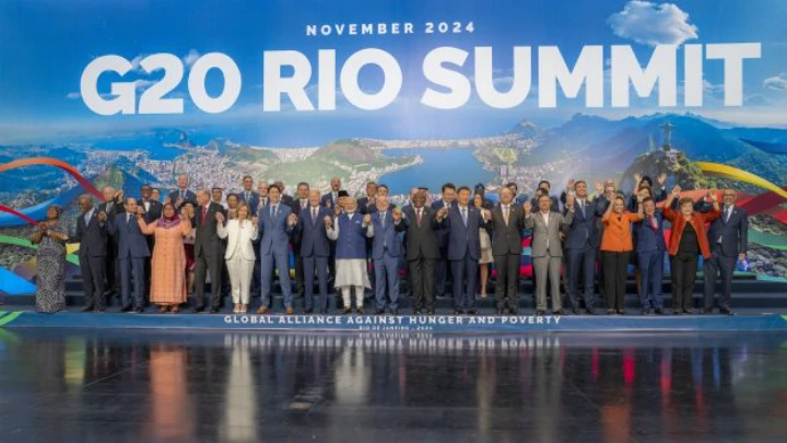 Leaders of G-20 member states participate in a family photo at the G-20 Summit at Rio de Janeiro, Brazil, November 19, 2024.