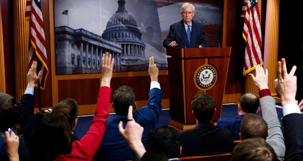 Senate Minority Leader Mitch McConnell (R-KY) speaks during a press conference as the U.S. Senate begins consideration of a $95 billion Ukraine-Israel aid package, on Capitol Hill in Washington, U.S., April 23, 2024. REUTERS/Julia Nikhinson