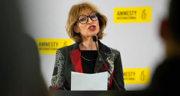 Secretary-General Agnes Callamard speaks at a news conference in London on Amnesty's annual report [Kirsty Wigglesworth/AP]