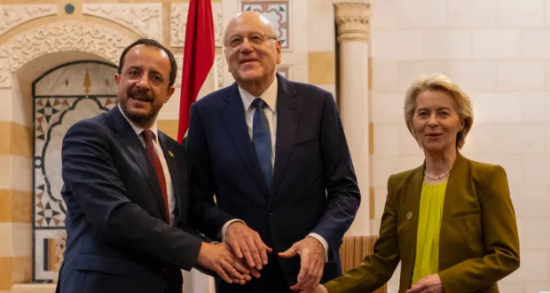 Lebanese caretaker Prime Minister Najib Mikati, centre, Cyprus President Nikos Christodoulides, left, and European Commission President Ursula von der Leyen meet at the government palace in Beirut on May 2, 2024 [Hassan Ammar/AP Photo]